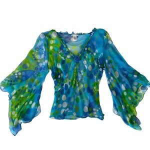 vintage y2k bell sleeve fairy silk top blue green polka dot ruffle